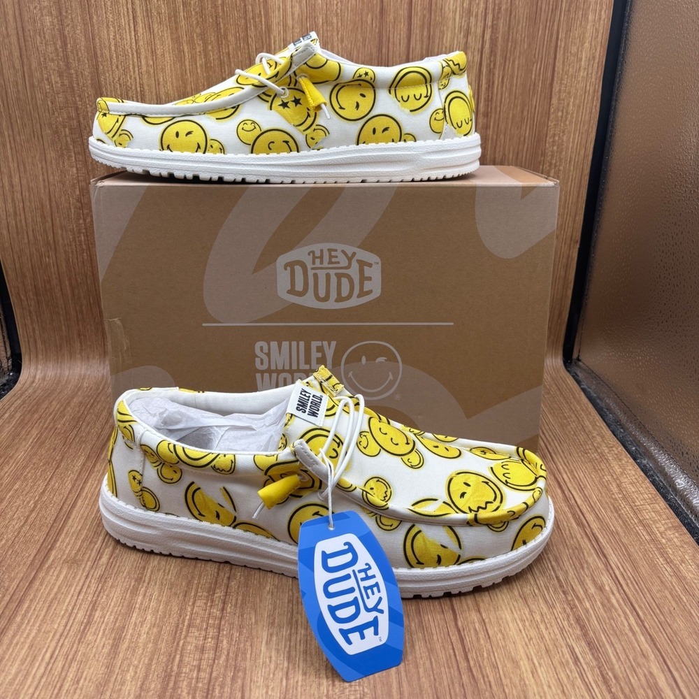 Hey Dude Wally Smiley Mens Size 13 White Yellow New SmileyWorld Loafers‎ #1249